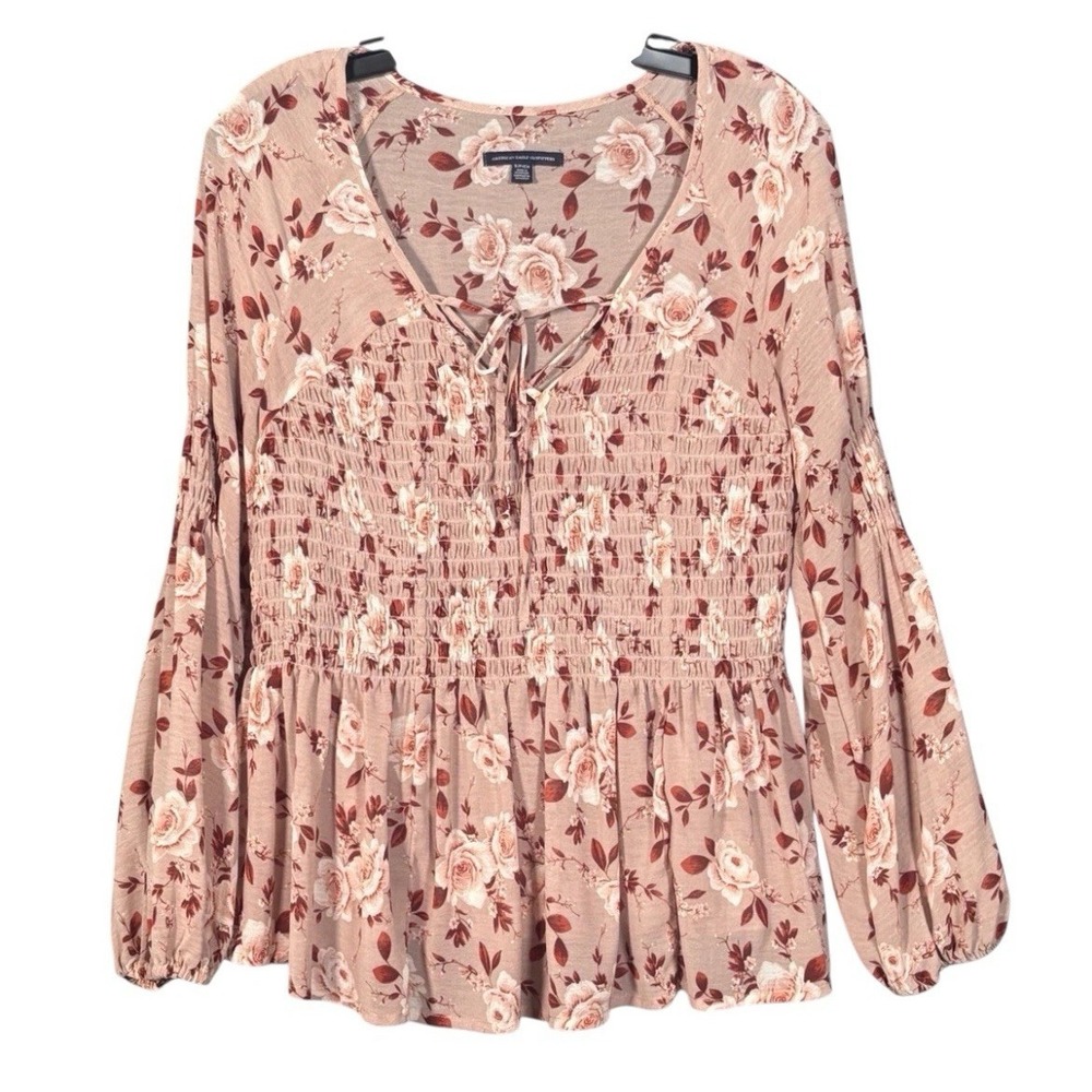 American Eagle Boho Floral Smocked Peasant Blouse Long Sleeve Pink‎ Beige Medium